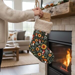 Christmas Stocking Handmade Woodland Cabin Mushroom Nature Theme Sherpa Gift NEW